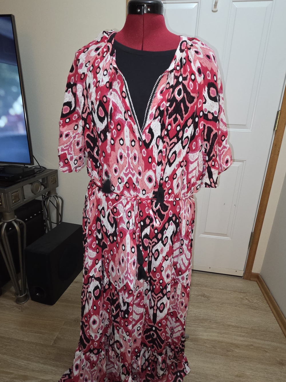 Pink Printed Drawstring Waist Maxi Dress